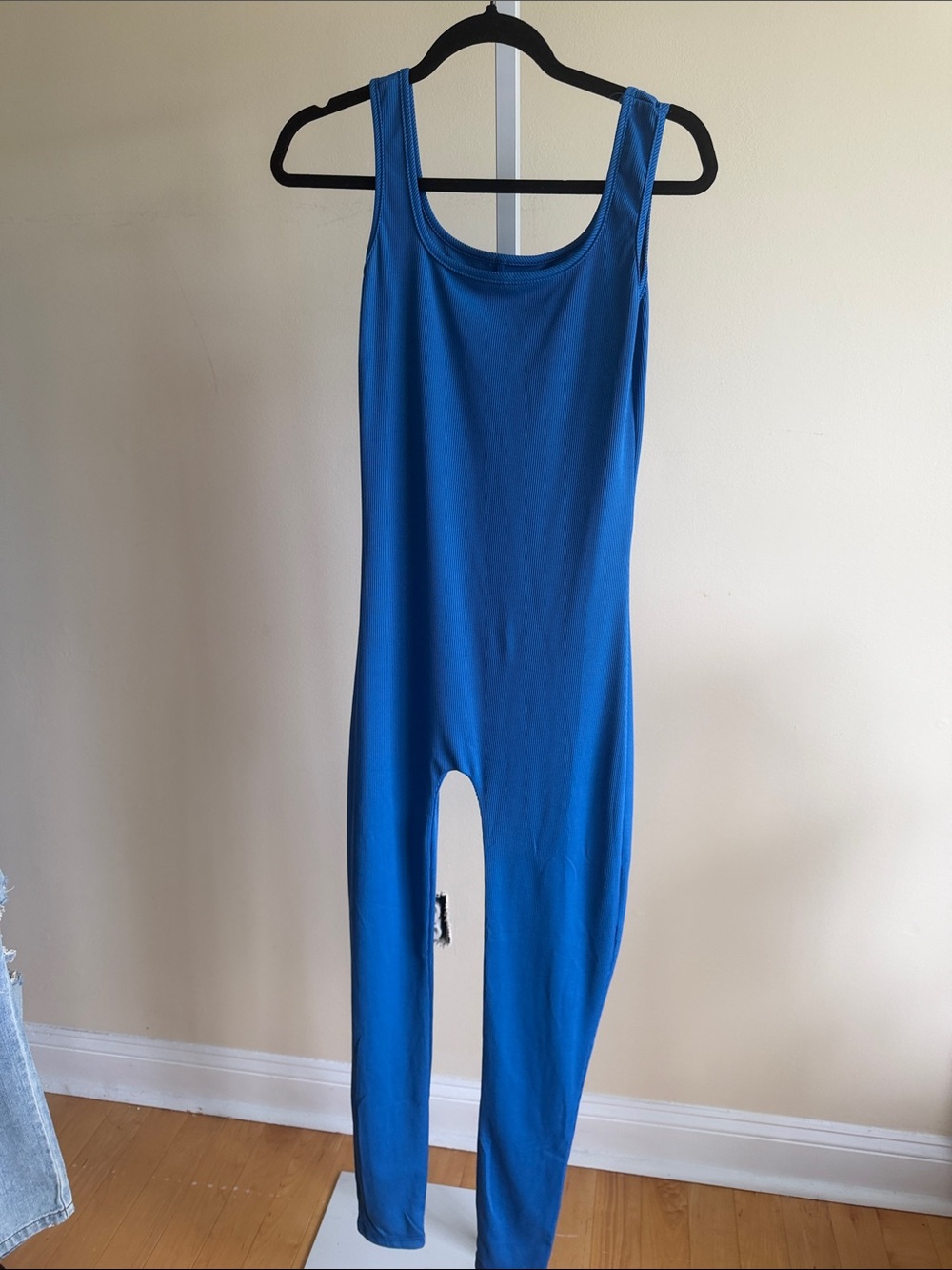 Scoop Neck Blue ribbed Unitard Bodysuit